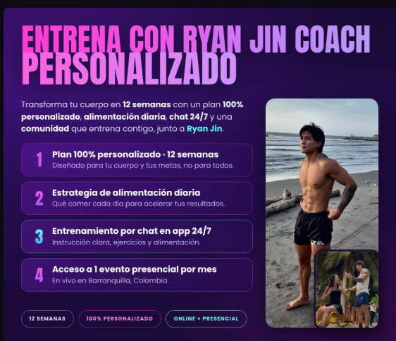 Página de venta con la marca del entrenador: Entrena con Ryan Jin, coach personalizado — plan de 12 semanas, alimentación diaria, chat 24/7 y un evento presencial al mes.