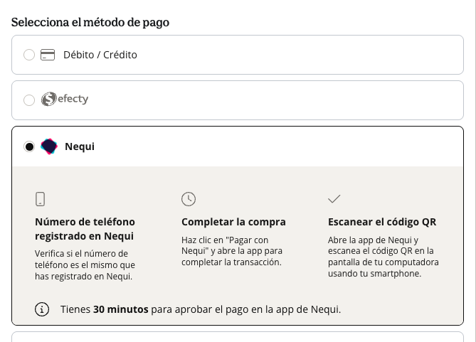 Selección de método de pago en el checkout: débito/crédito, efecty, Nequi y PSE.